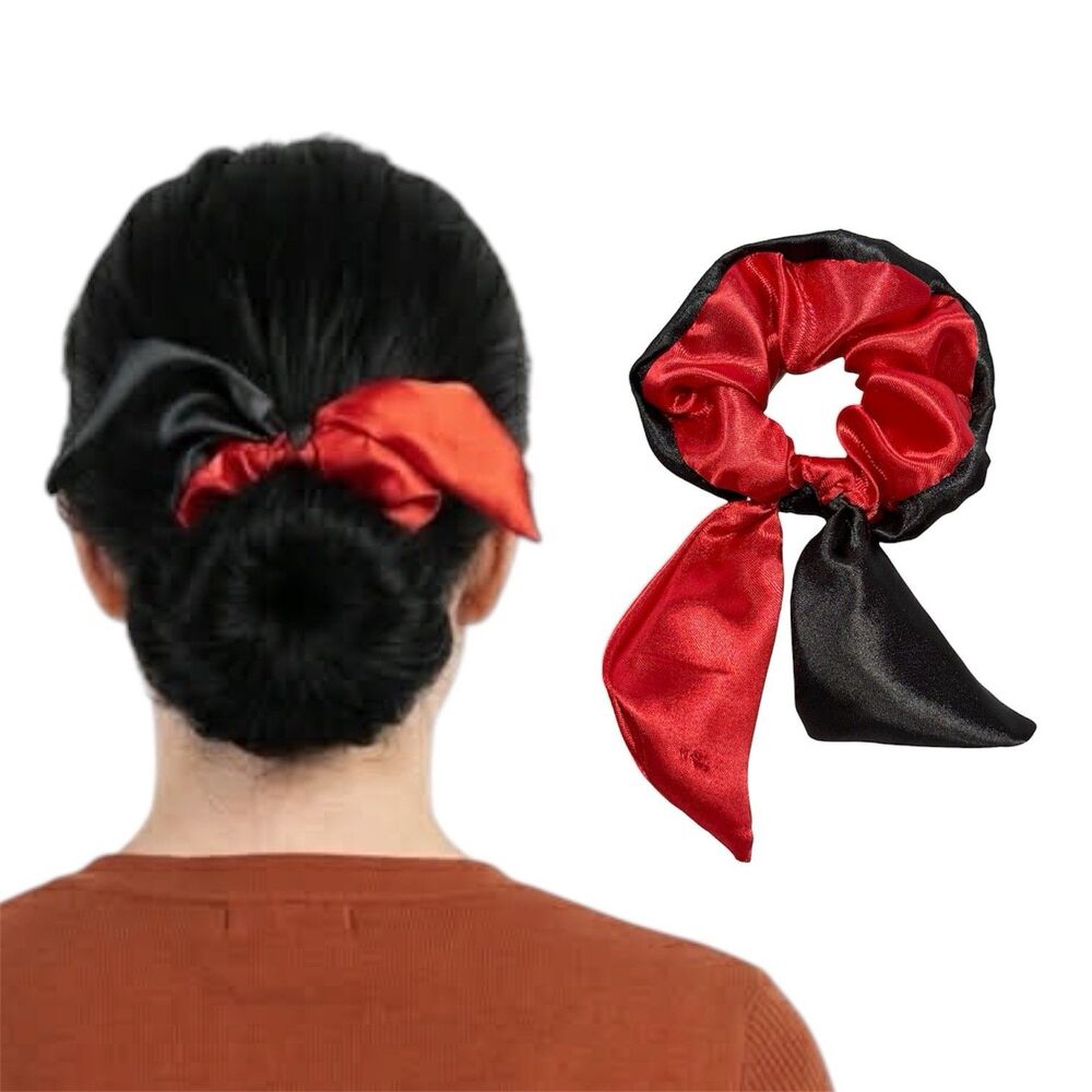 Handmade Red Black Satin Scrunchie Scarf Bow Hair Tie Ponytail Holder - Picture 1 of 11
